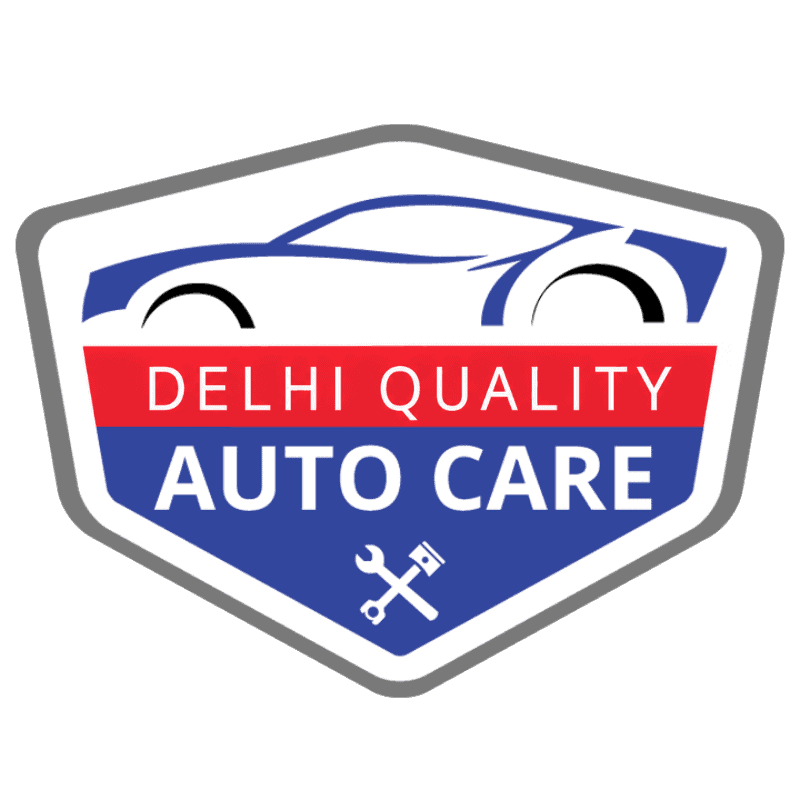 Auto repair shop logo with car outline and tools for Delhi Quality Auto Care.